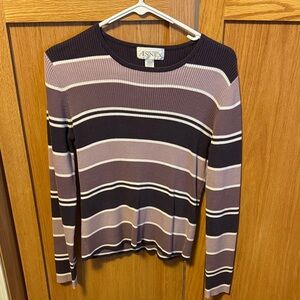 Women's Long Sleeve Striped RibbedSweater in Purple and White